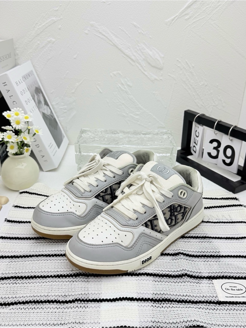 Dior Gray and White Low-Top Sneakers with Dior Oblique Panels